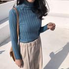 Ribbed High Neck Long-sleeve Knit Top
