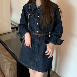 Lapel Pocket-detail Long-sleeve Denim Dress