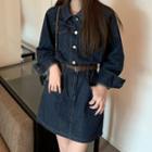 Lapel Pocket-detail Long-sleeve Denim Dress