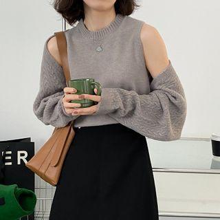 Set: Sleeveless Knit Top + Cable-knit Open Front Cardigan