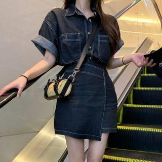 Short-sleeve Contrast Stitching Denim Shirt / Asymmetrical Mini Pencil Skirt