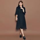 3/4-sleeve Pleated-trim Tie-front Midi Dress