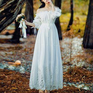 Off Shoulder Elbow Sleeve Lace Hem Maxi Dress