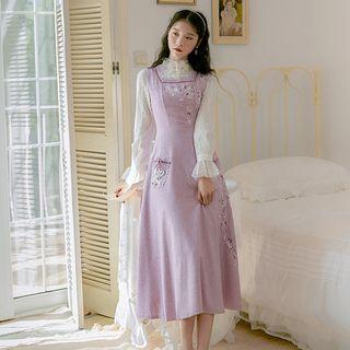 Lace Blouse / Flower Embroidered Midi Pinafore Dress / Set
