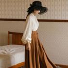 Tie-neck Blouse / High-waist Midi A-line Skirt