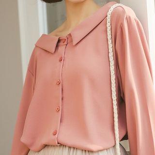 Plain Slim-fit Long-sleeve Blouse