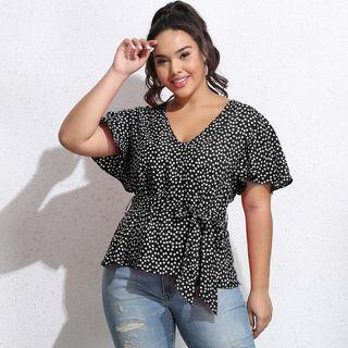 Plus Size Short-sleeve Floral Print Tie-waist Blouse