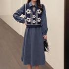 Set: Long-sleeve Collared Midi A-line Dress + Floral Sweater Vest
