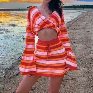 Set: Long-sleeve Striped Crop Top + Mini Pencil Skirt