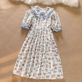 Puff-sleeve Ruffle Trim Cartoon Print A-line Dress