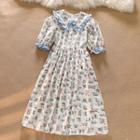 Puff-sleeve Ruffle Trim Cartoon Print A-line Dress