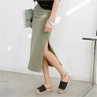 Drawstring-waist Slit-side Long Skirt