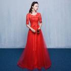 Embellished Elbow-sleeve A-line Evening Gown