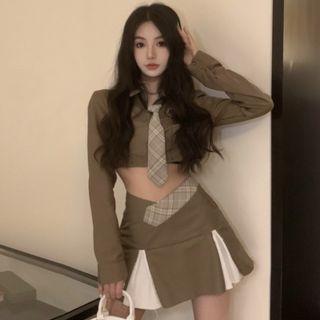 Mini Pleated A-line Skirt / Tie Neck Cropped Shirt
