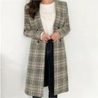 Wool Blend Collarless Plaid Coat
