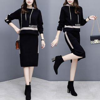 Set: Lettering Striped Hoodie + Midi Straight-fit Skirt
