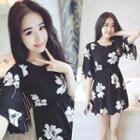 Elbow-sleeve Floral Print Chiffon A-line Mini Dress As Shown In Figure - One Size