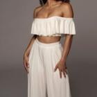 Set: Short-sleeve Ruffle Trim Crop Top + Wide Leg Pants