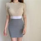 Short-sleeve Color Block Knit Mini Sheath Dress Beige - One Size