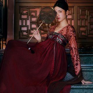 Faux Pearl Drop Earring / Fringed Flower Hair Stick / Jacquard Lace Up Hanfu Blouse / Strapless Embroidered Midi Hanfu Dress / Set