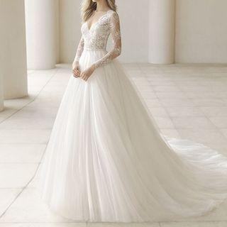 Long-sleeve Trained A-line Wedding Gown