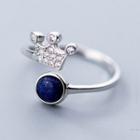 925 Sterling Silver Rhinestone Crown Open Ring S925 Silver Ring - Blue Bead - Silver - One Size