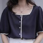 Elbow-sleeve Square-neck Contrast Trim Blouse