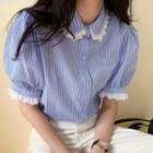 Striped Lace Over-sized Single Breasted Short Sleeve Shirt