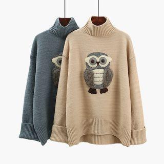 Mock Neck Owl Applique Sweater