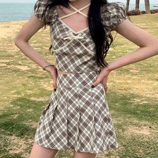 Set: Puff-sleeve Plaid Crop Top + Pleated Mini A-line Skirt
