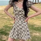 Set: Puff-sleeve Plaid Crop Top + Pleated Mini A-line Skirt