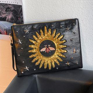 Sequined Bee Embroidered Faux Leather Clutch Black - One Size