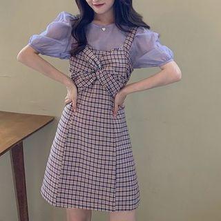 Set Of 2: Puff-sleeve Plain Sheer Top & Plaid Ribbon Camisole A-line Dress
