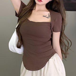 Short-sleeve Plain Top T-shirt - Coffee - One Size