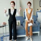 Set: Long-sleeve Top + Vest + Cropped Boot Cut Pants