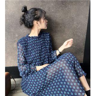 Dip Back Vest / Long-sleeve Floral Midi A-line Dress