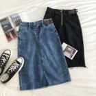 Frayed High-waist Zipper Denim Skirt