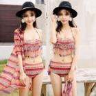 Set: Print Fringed Bikini + Long-sleeve Cover-up