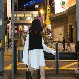 Long-sleeve Mini Shirtdress / Cropped Vest