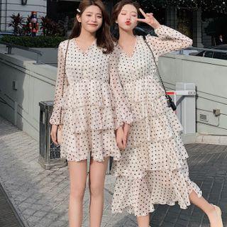 Long-sleeve Dotted Tiered Midi Dress / Mini Dress