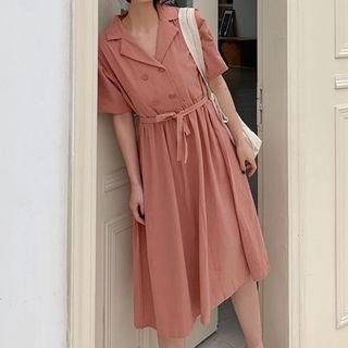 Short-sleeve Midi A-line Dress With Sash
