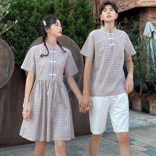 Couple Matching Plaid Short-sleeve A-line Dress / Short-sleeve Cheongsam / Shorts