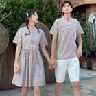 Couple Matching Plaid Short-sleeve A-line Dress / Short-sleeve Cheongsam / Shorts