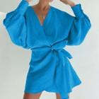 Long-sleeve Tie-strap Mini Sheath Dress