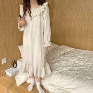 Bell-sleeve Lace Trim Midi Sleep Dress