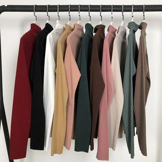 Plain Semi High-neck Long-sleeve Top