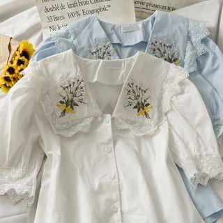 Lace-trim Embroidered Plain Shirt