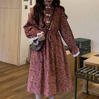 Bell-sleeve Floral Print Midi A-line Dress Floral - Red - One Size