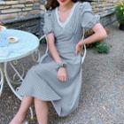 Lace Trim Gingham Puff-sleeve Midi A-line Dress