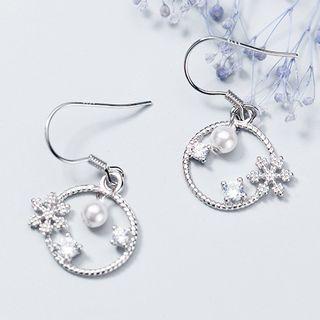 925 Sterling Silver Faux Pearl Snowflake Hoop Earring